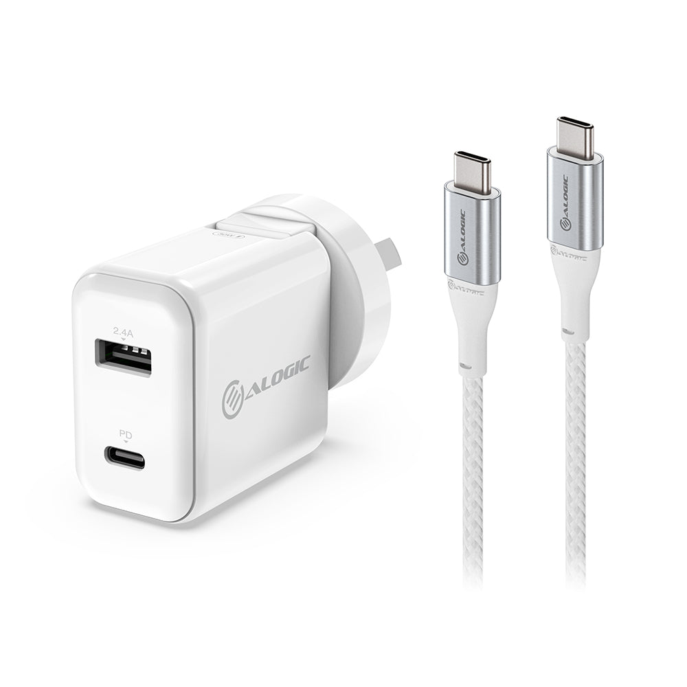 2 Port USB-C & USB-A Wall Charger 30W with Power Delivery (PD) & USB-C to USB-C cable