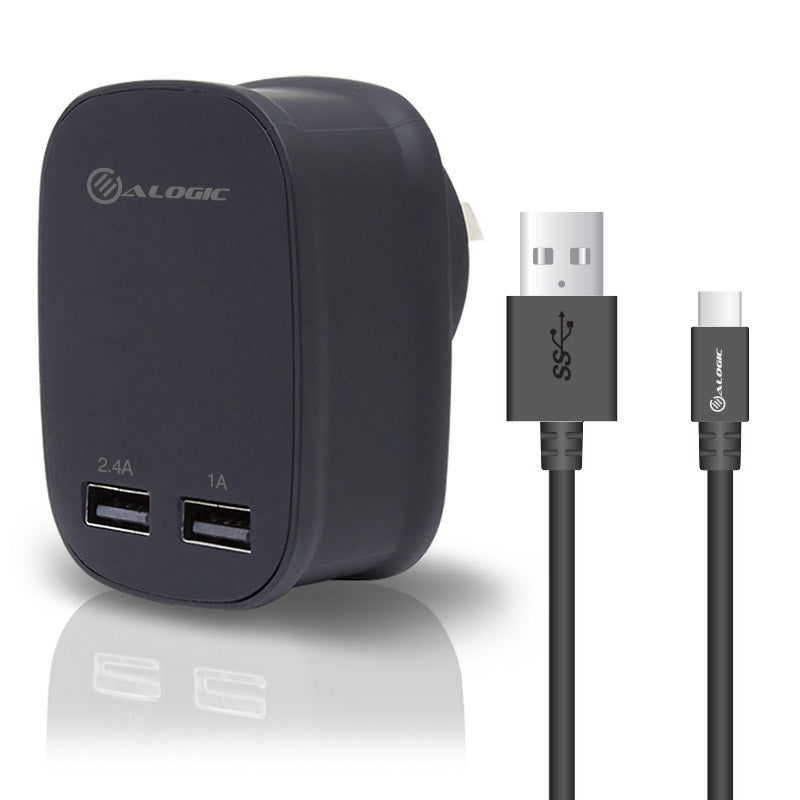 2 Port USB Wall Charger 5V/3.4A (2.4A + 1A) With USB C Charge/Sync Cable