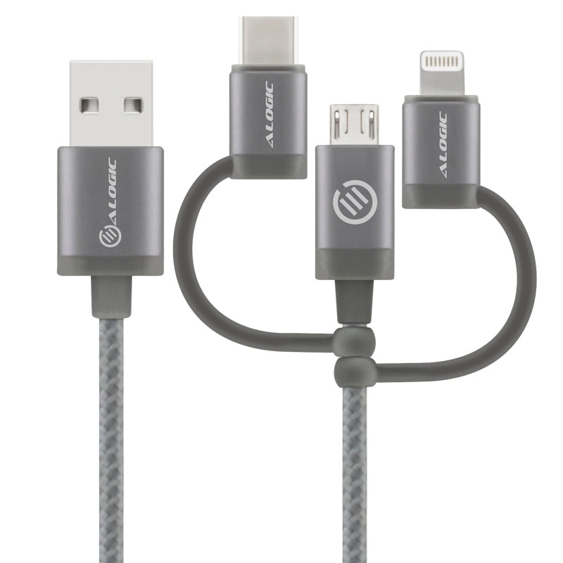 3-in-1 Charge & Sync Combo Cable - Micro USB + Lightning + USB-C - Prime Series - 1m - Space Grey