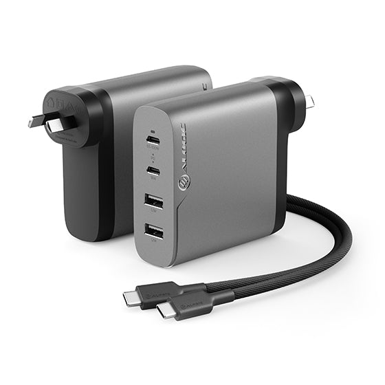 4X100 Rapid Power 4 Port 100W GaN Wall Charger - Space Grey - Includes 2m 100W USB-C Charging Cable