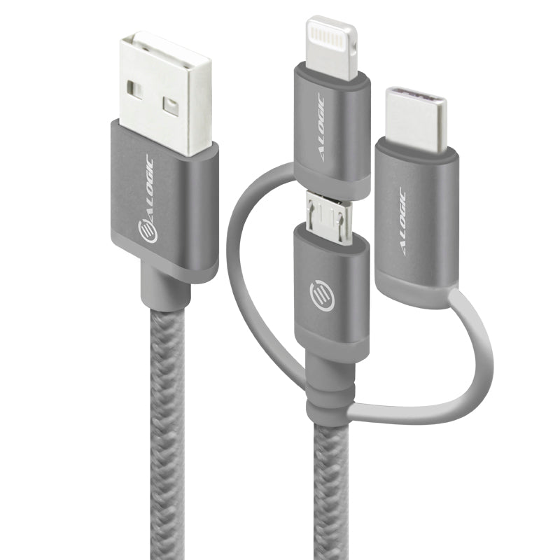 3-in-1 Charge & Sync Combo Cable - Micro USB + Lightning + USB-C - Prime Series - 1m - Space Grey