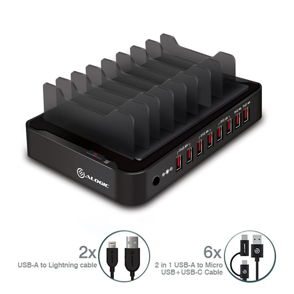 8 Bay USB Desktop Charging Station Bundle with Cables - 12A/5V Output