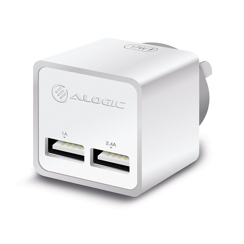 2 Port USB Mini Wall Charger - 2.4A + 1A - 17W - White