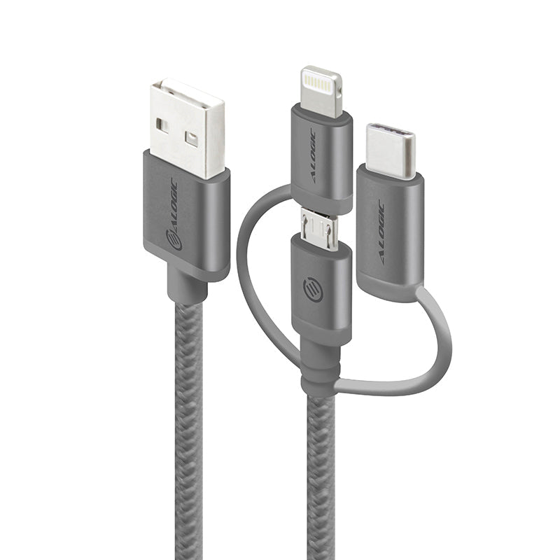 3-in-1 Charge & Sync Combo Cable - Micro USB + Lightning + USB-C - Prime Series - 1m - Space Grey