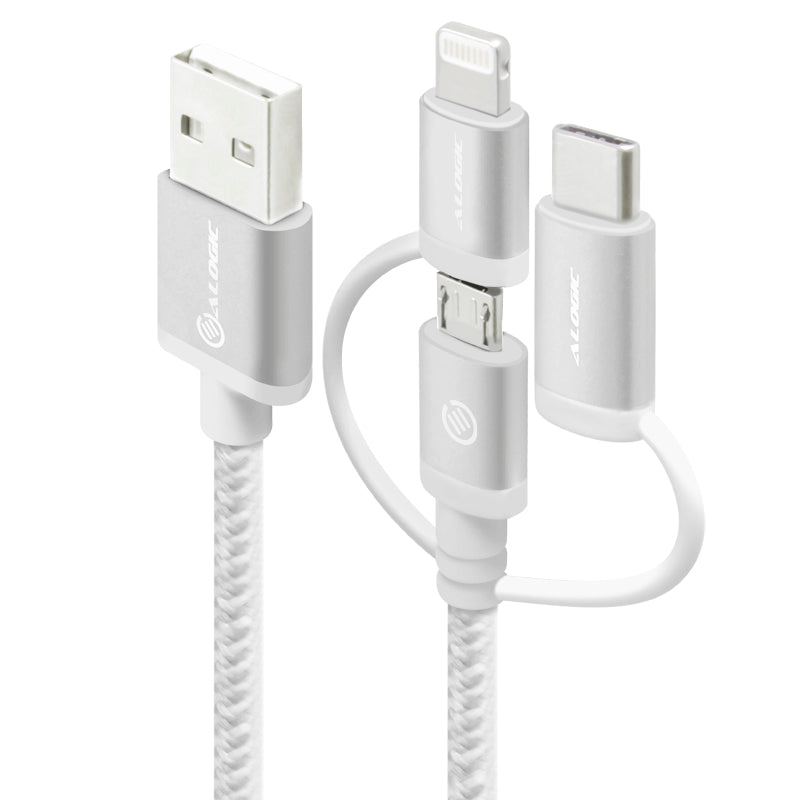 3-in-1 Charge & Sync Combo Cable - Micro USB + Lightning + USB-C - Prime Series - 1m - Silver