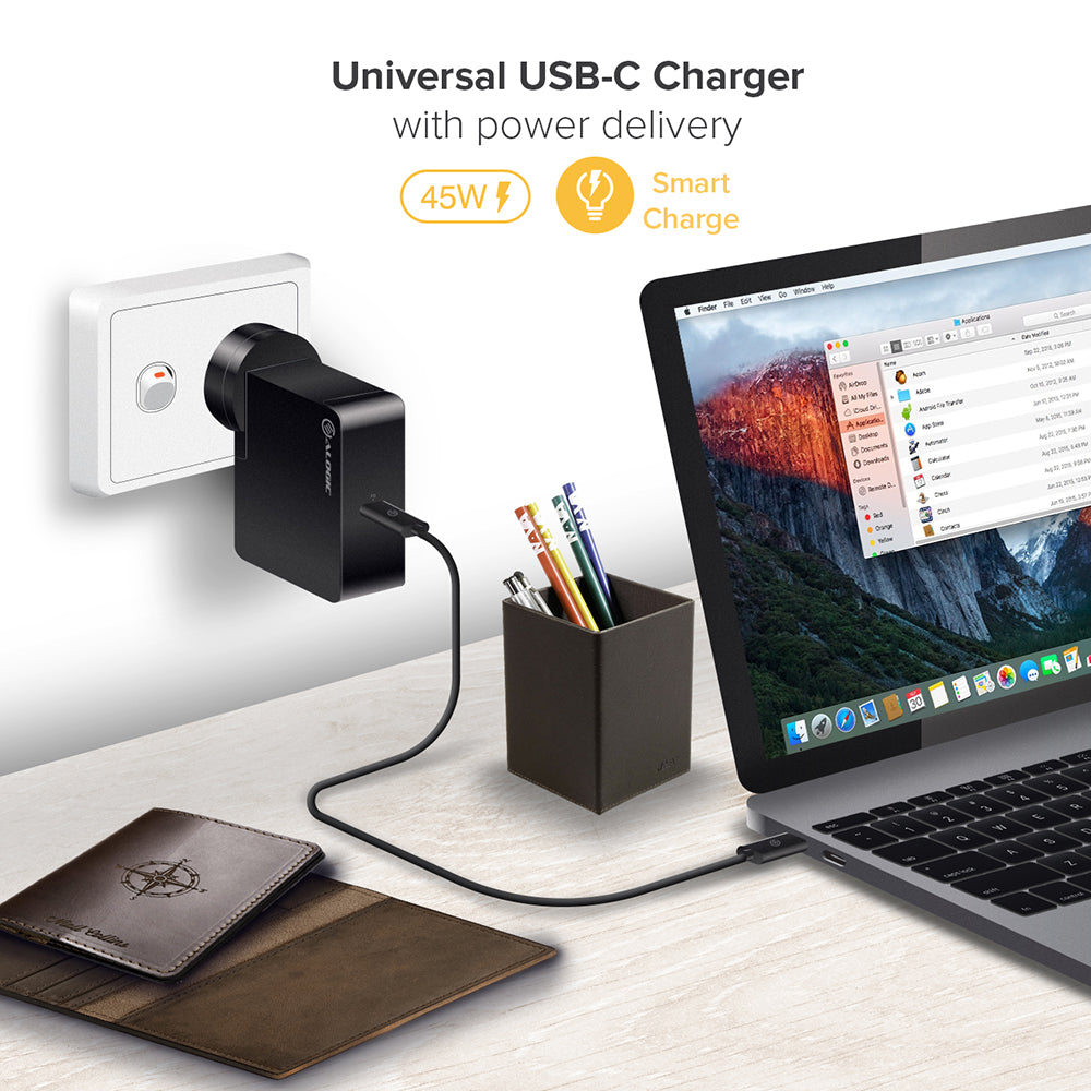 USB-C Laptop/Macbook Charger 45W with Power Deliveryâ€"œ Travel Edition with AU, EU, UK, US Plugs and 2m Cable