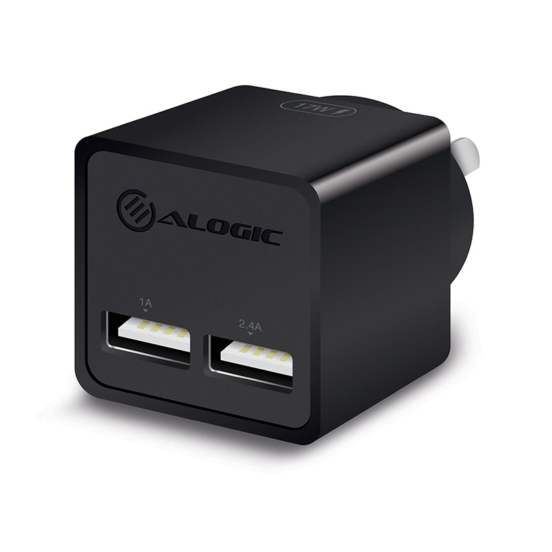 2 Port USB Mini Wall Charger - 2.4A + 1A - 17W - Black