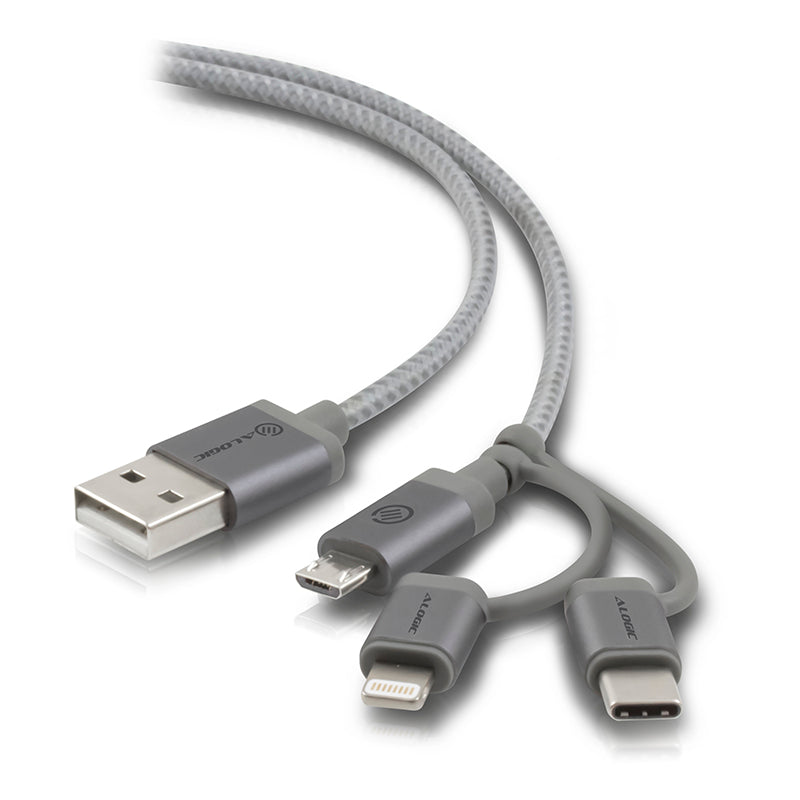 3-in-1 Charge & Sync Combo Cable - Micro USB + Lightning + USB-C - Prime Series - 1m - Space Grey