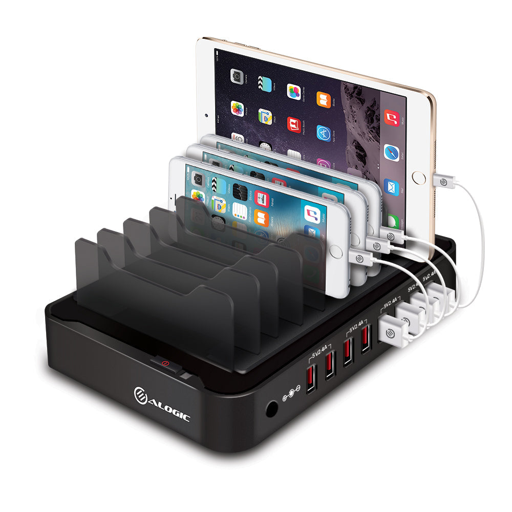 8 Bay USB Desktop Charging Station Bundle with Cables - 12A/5V Output