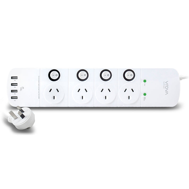 4 Outlet Power Board with Individual Switches & 4 USB Ports (4.5A) - Surge & Overload Protected