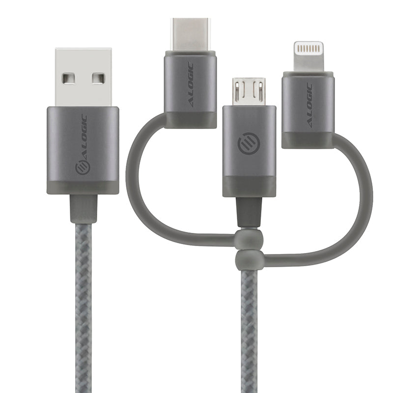 3-in-1 Charge & Sync Combo Cable - Micro USB + Lightning + USB-C - Prime Series - 1m - Space Grey