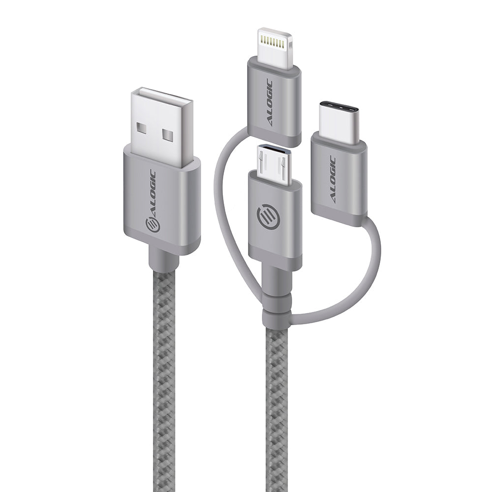 3-in-1 Charge & Sync Combo Cable - Micro USB + Lightning + USB-C - Prime Series - 1m - Space Grey