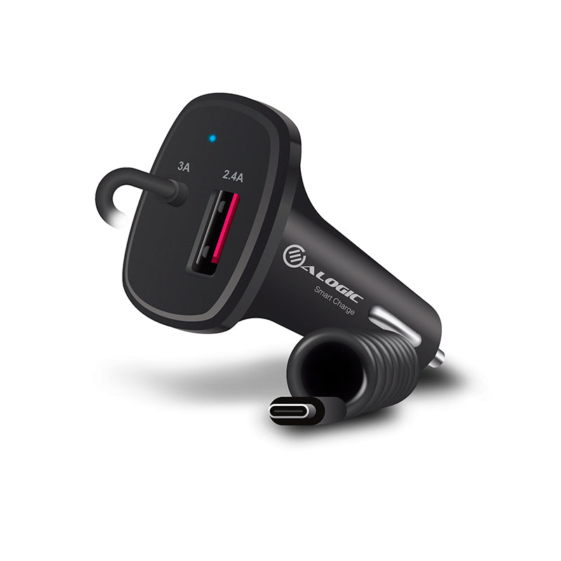 2 Port USB-C & USB-A Car Charger with Integrated Cable